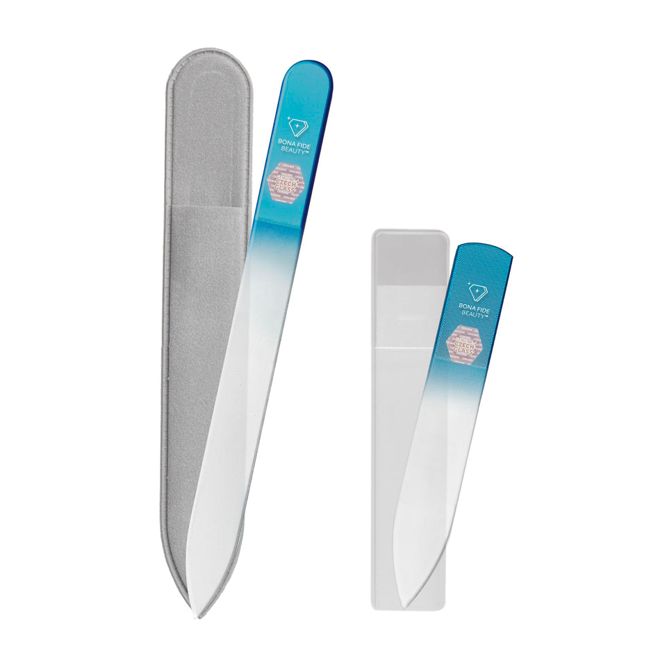 Bona Fide Beauty aqua glass file front packaging showing tool and case benefit: portable precision