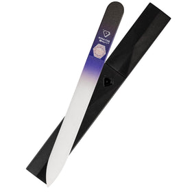 Bona Fide Beauty front view of black cobalt glass nail file packaging, durable design