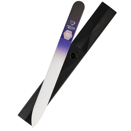 Bona Fide Beauty front view of black cobalt glass nail file packaging, durable design