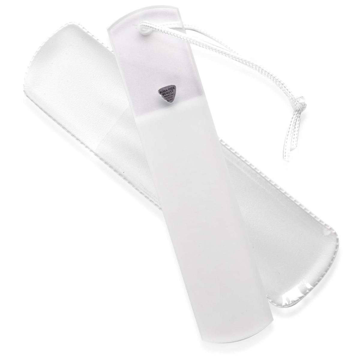 Bona Fide Beauty front view of clear glass file showing shape and cord for convenient storage