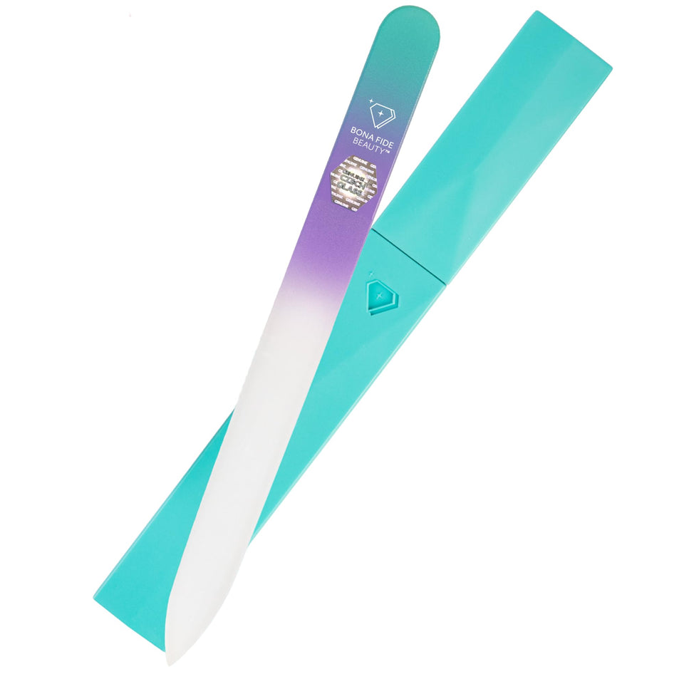 Bona Fide Beauty front view of pastel green-violet glass file, attractive gift-ready design