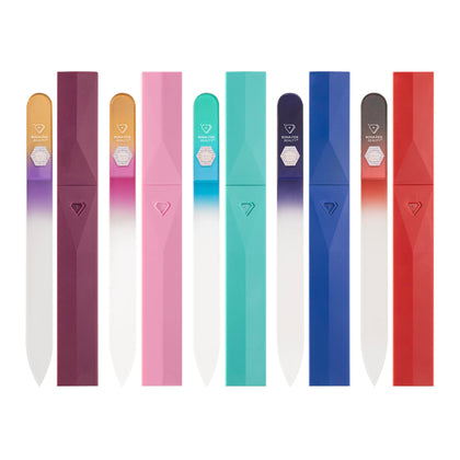 Bona Fide Beauty front packaging showing five glass nail files and cases, durable storage