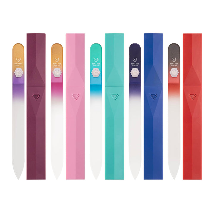 Bona Fide Beauty front packaging showing five glass nail files and cases, durable storage