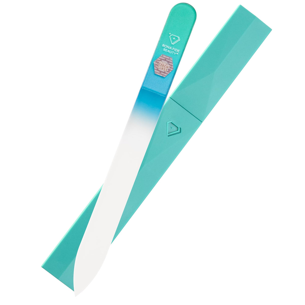 Bona Fide Beauty aqua glass file front view shows elegant design and precise shaping benefit