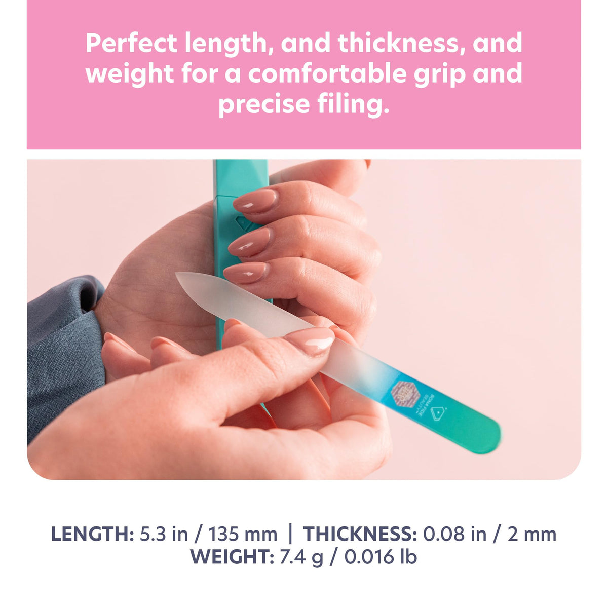 Bona Fide Beauty glass file held in hand illustrating size and comfortable control for accurate filing
