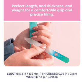 Bona Fide Beauty glass file held in hand illustrating size and comfortable control for accurate filing