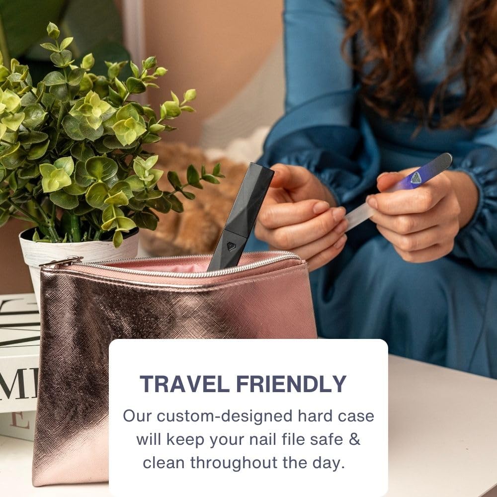 Bona Fide Beauty glass nail file placed in a purse showing portability advantage