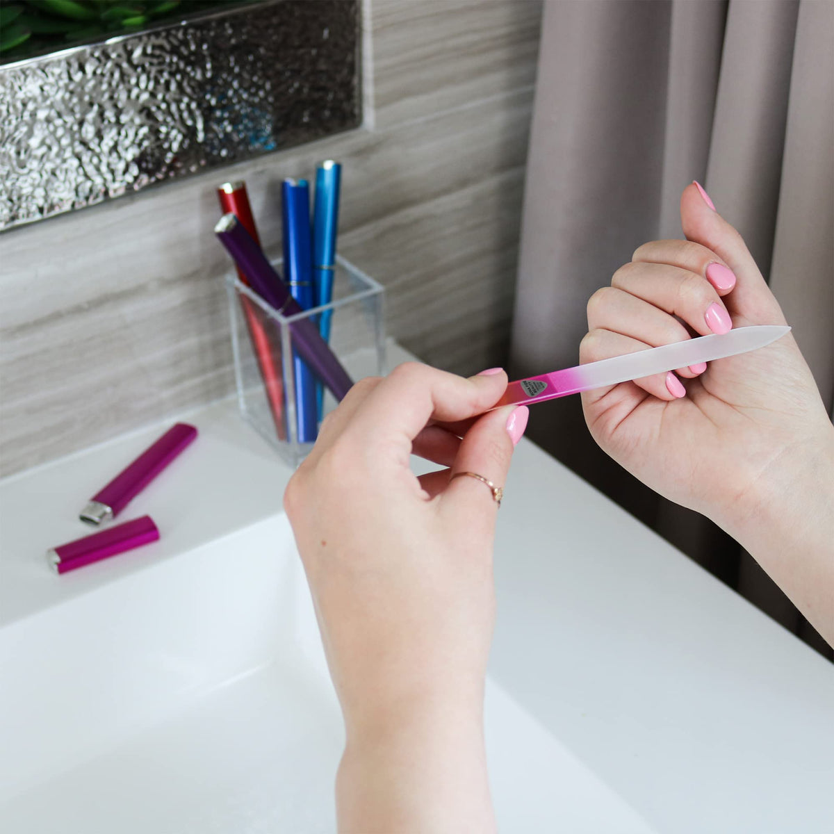 Bona Fide Beauty files on bathroom vanity, convenient everyday nail care benefit