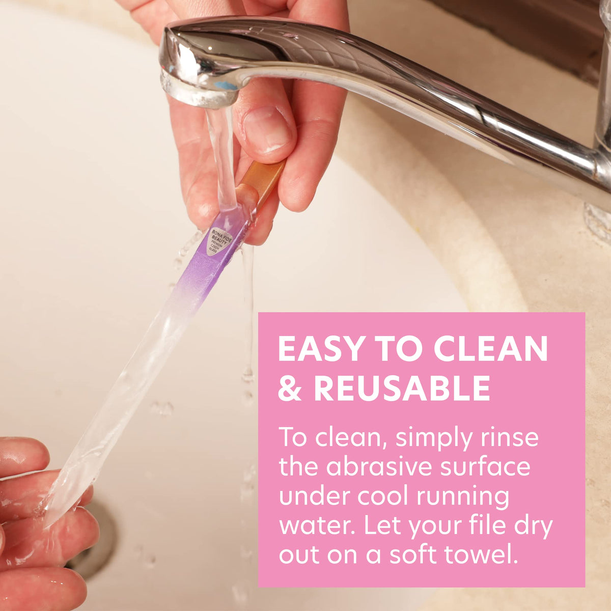 BONA FIDE BEAUTY washed and drying showing hygienic, washable design for repeated use