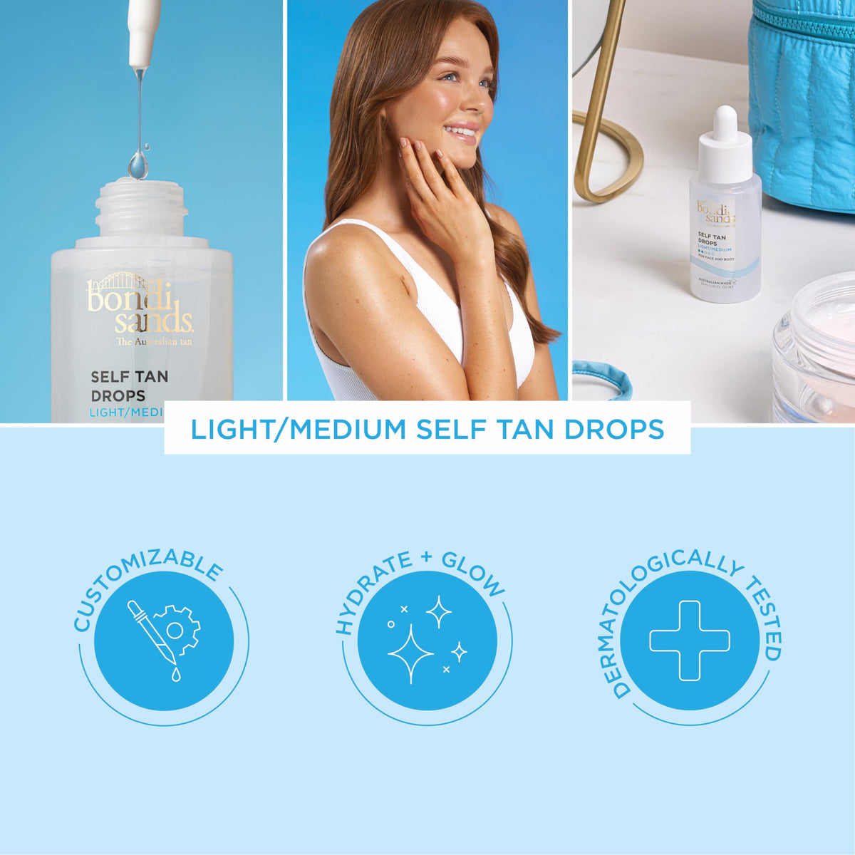 Bondi Sands body application mixing drops into lotion for streak-free full-body color