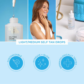 Bondi Sands body application mixing drops into lotion for streak-free full-body color