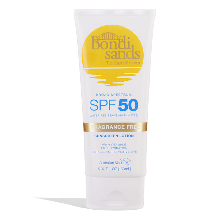 Bondi Sands bottle front view showing SPF 50 and unscented protection