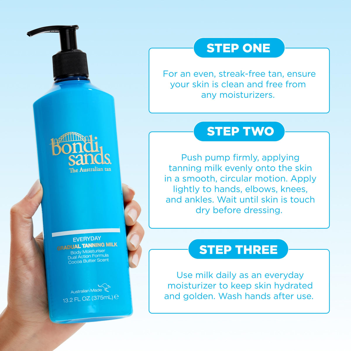 Bondi Sands bottle on bathroom shelf in lifestyle setting for routine