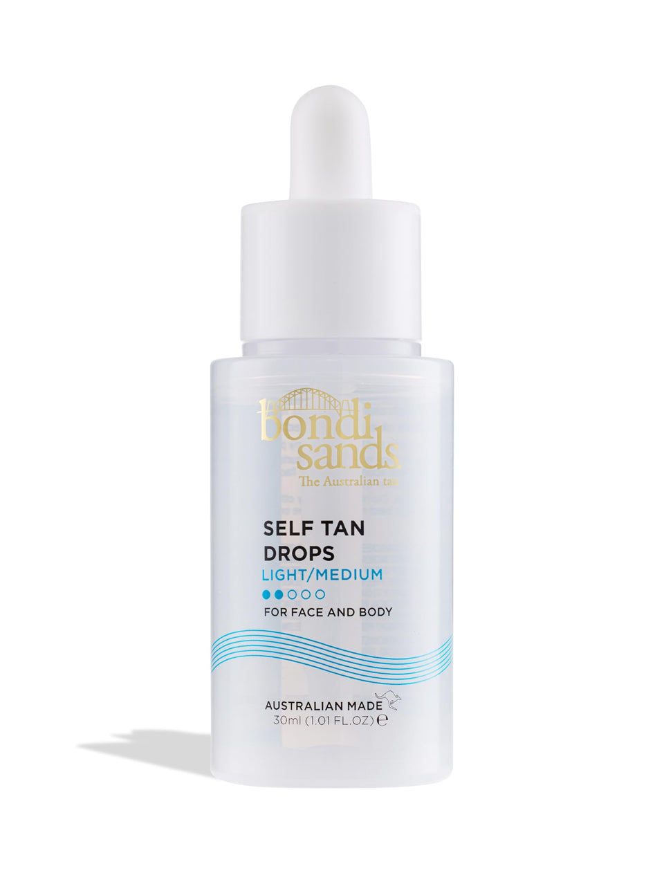 Bondi Sands dropper bottle front view showing compact travel-friendly design and brand