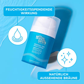 Bondi Sands bottle in hand demonstrating 50ml scale and travel-friendly size benefit