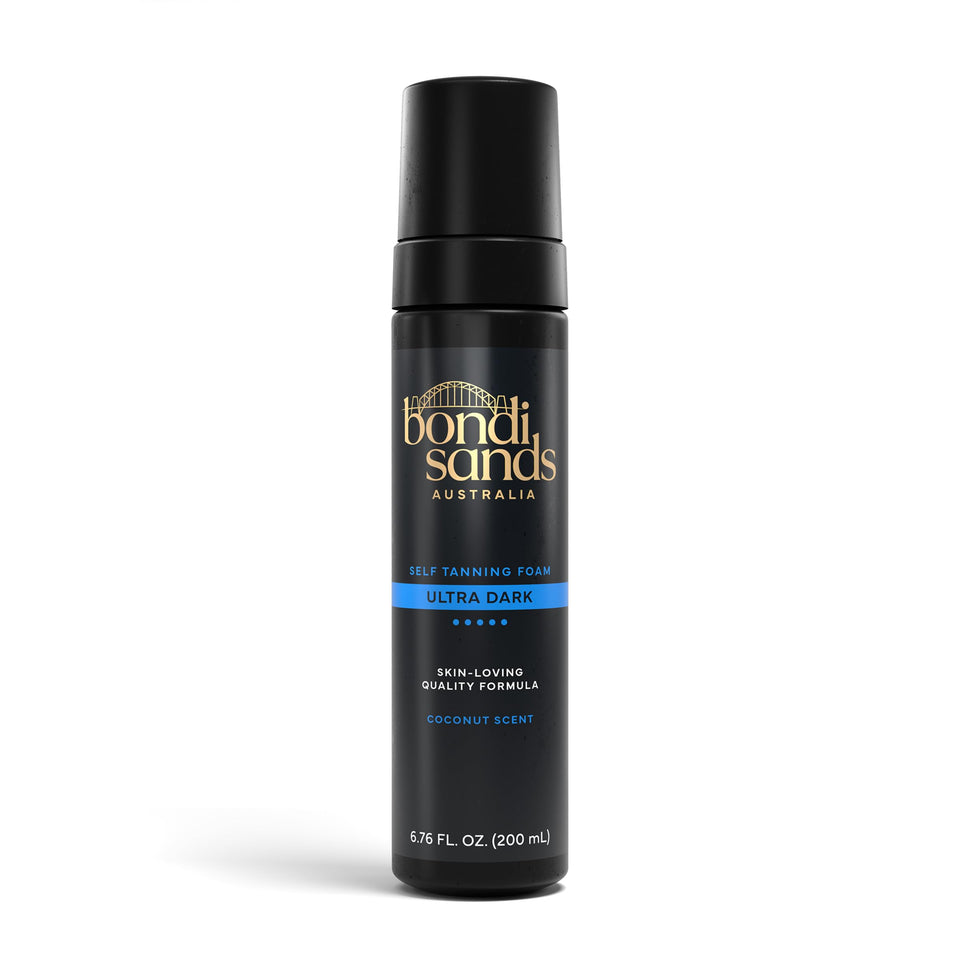 Bondi Sands front packaging showing foam bottle and benefit of even tan