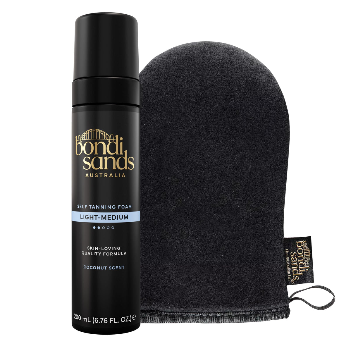 Bondi Sands front packaging showing lightweight foam and mitt benefit even application
