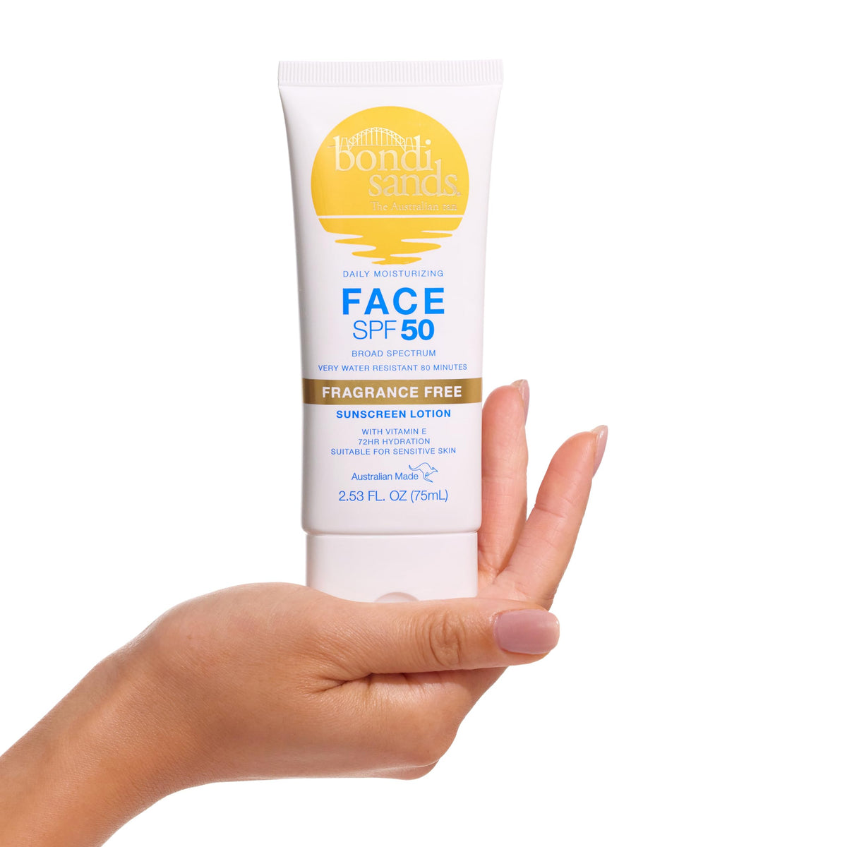 Bondi Sands sunscreen applied to cheek under makeup, illustrating invisible non-greasy finish
