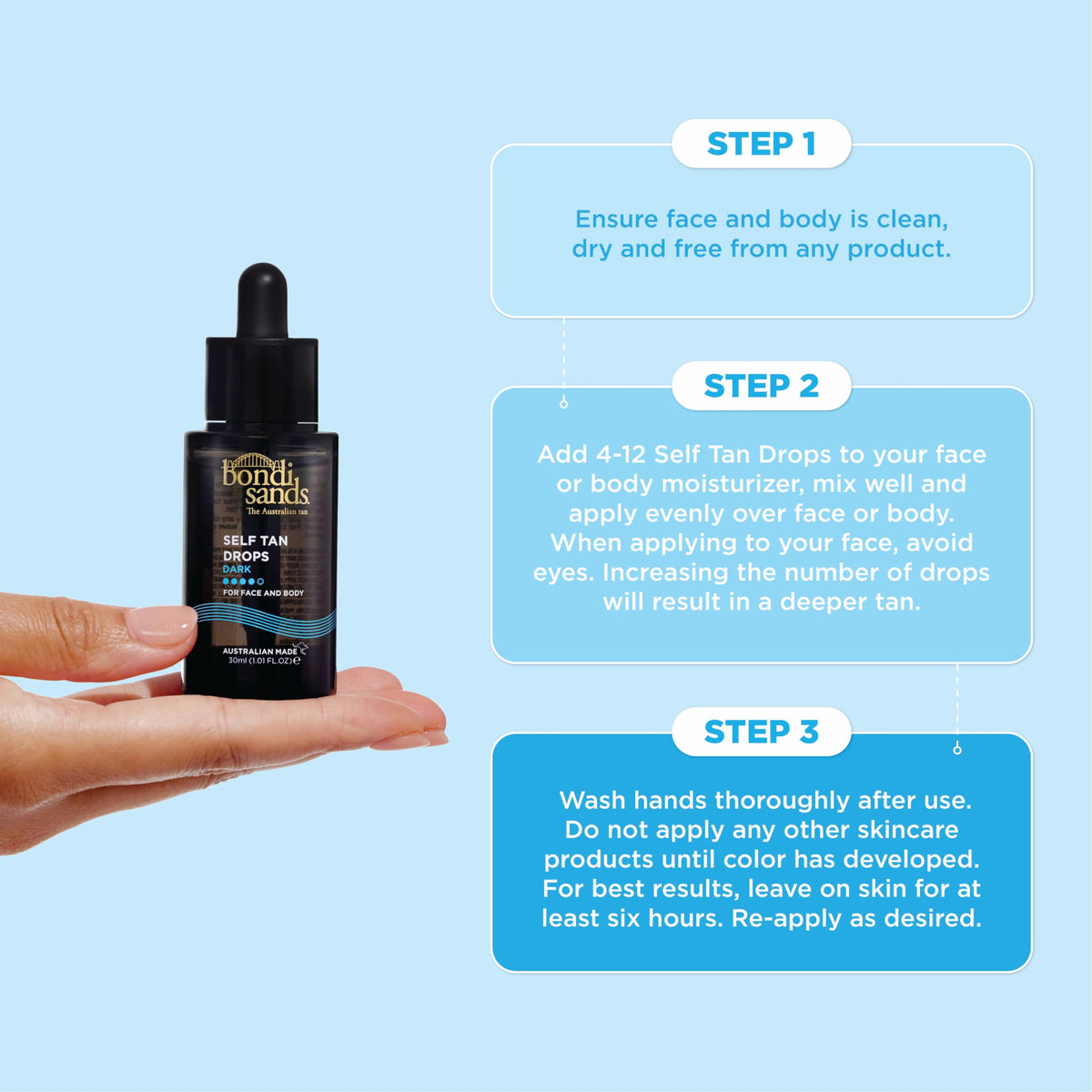 Bondi Sands face usage closeup illustrating gentle facial tanning routine