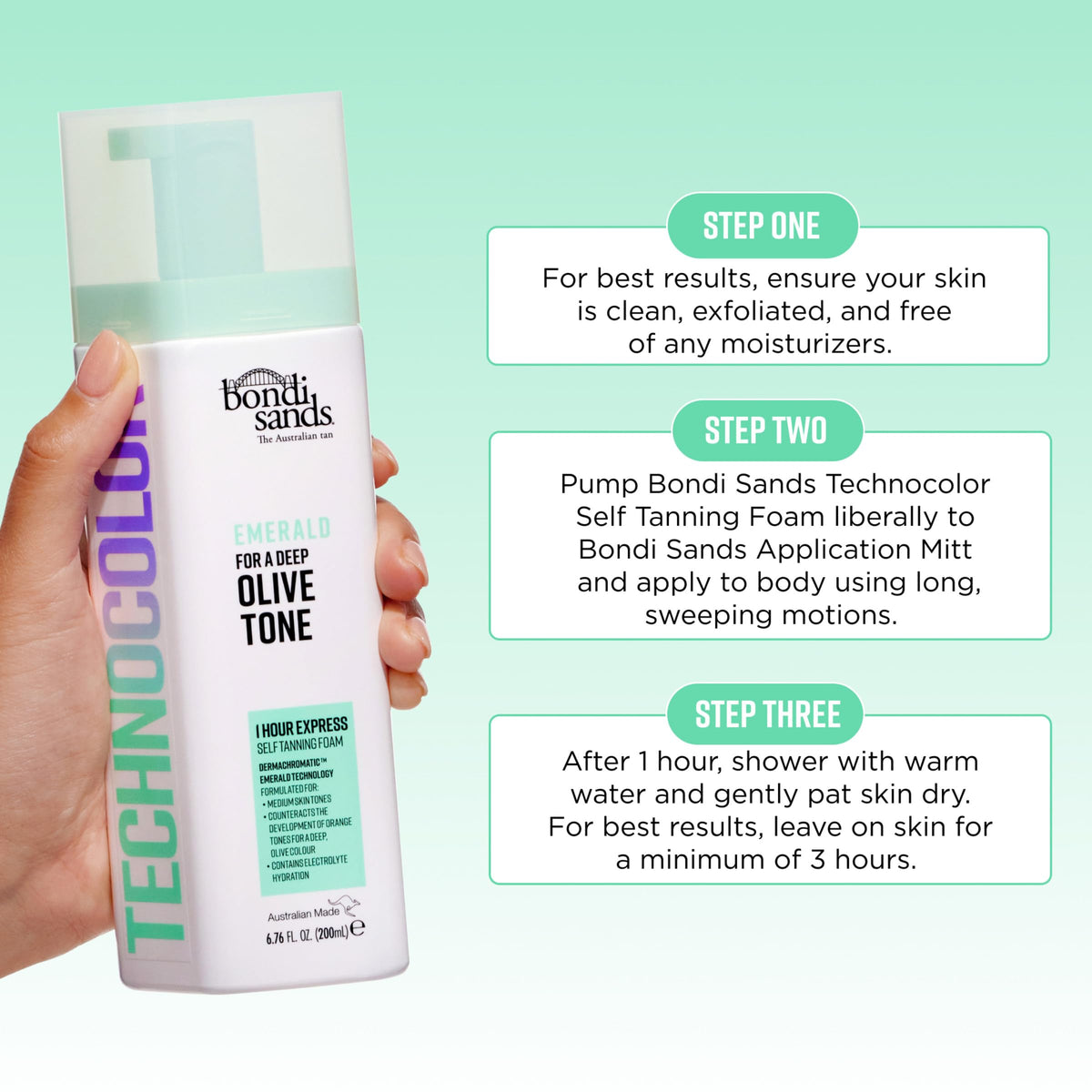 Bondi Sands green color guide foam visible on skin to prevent orange tones