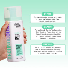 Bondi Sands green color guide foam visible on skin to prevent orange tones