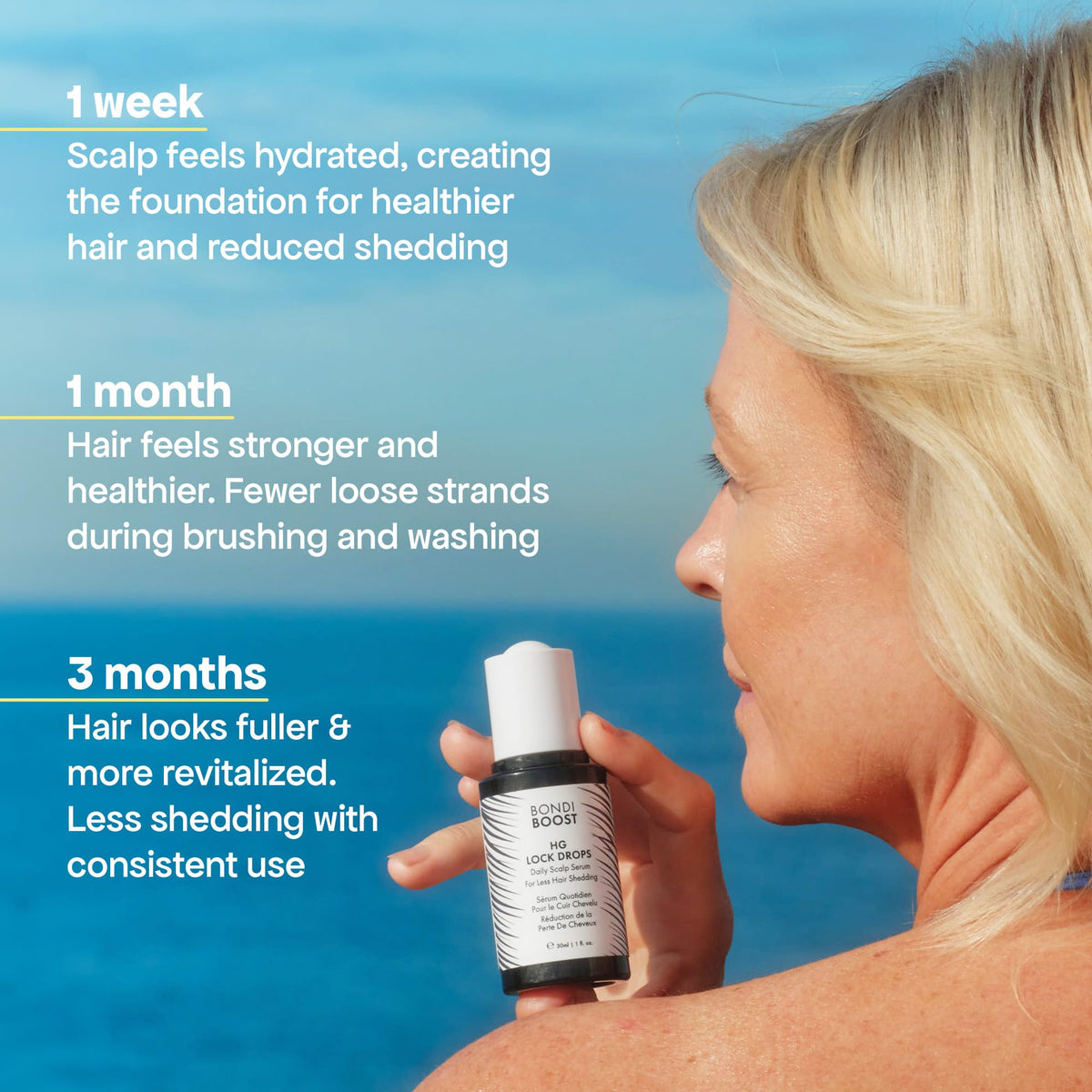 Applying BondiBoost serum to scalp demonstrating targeted shedding reduction