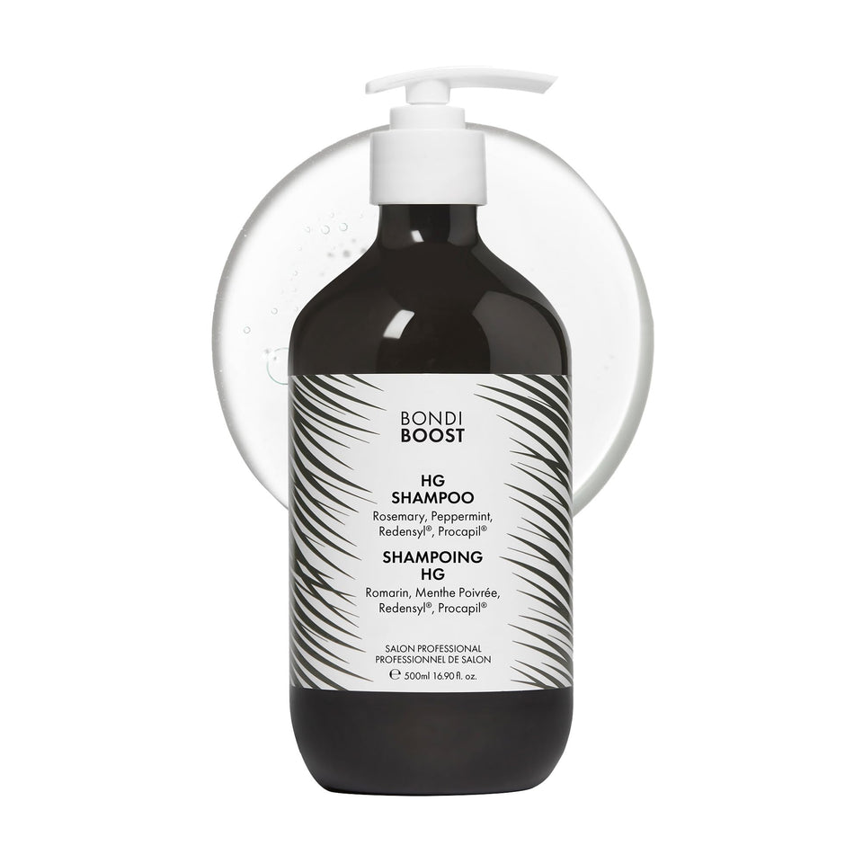BONDIBOOST front bottle view showing branding and pump, promotes fuller hair