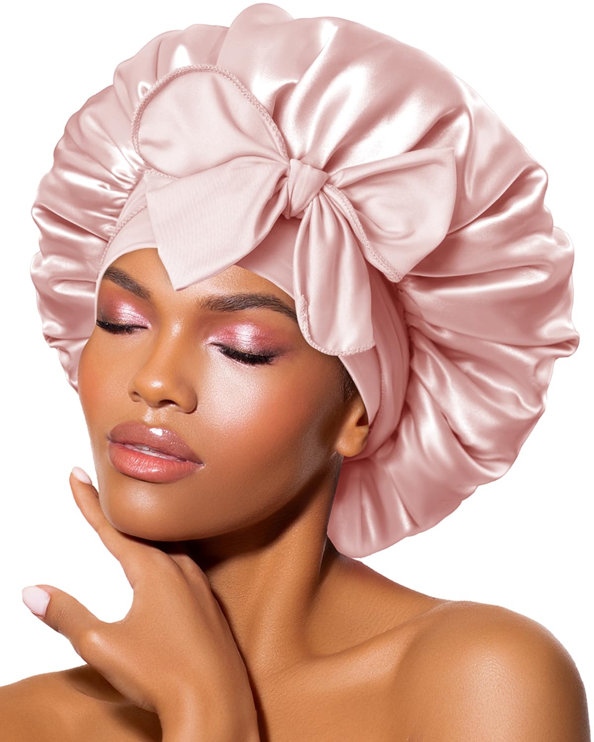 BONNET QUEEN front view cream-pink bonnet showing full coverage and secure fit