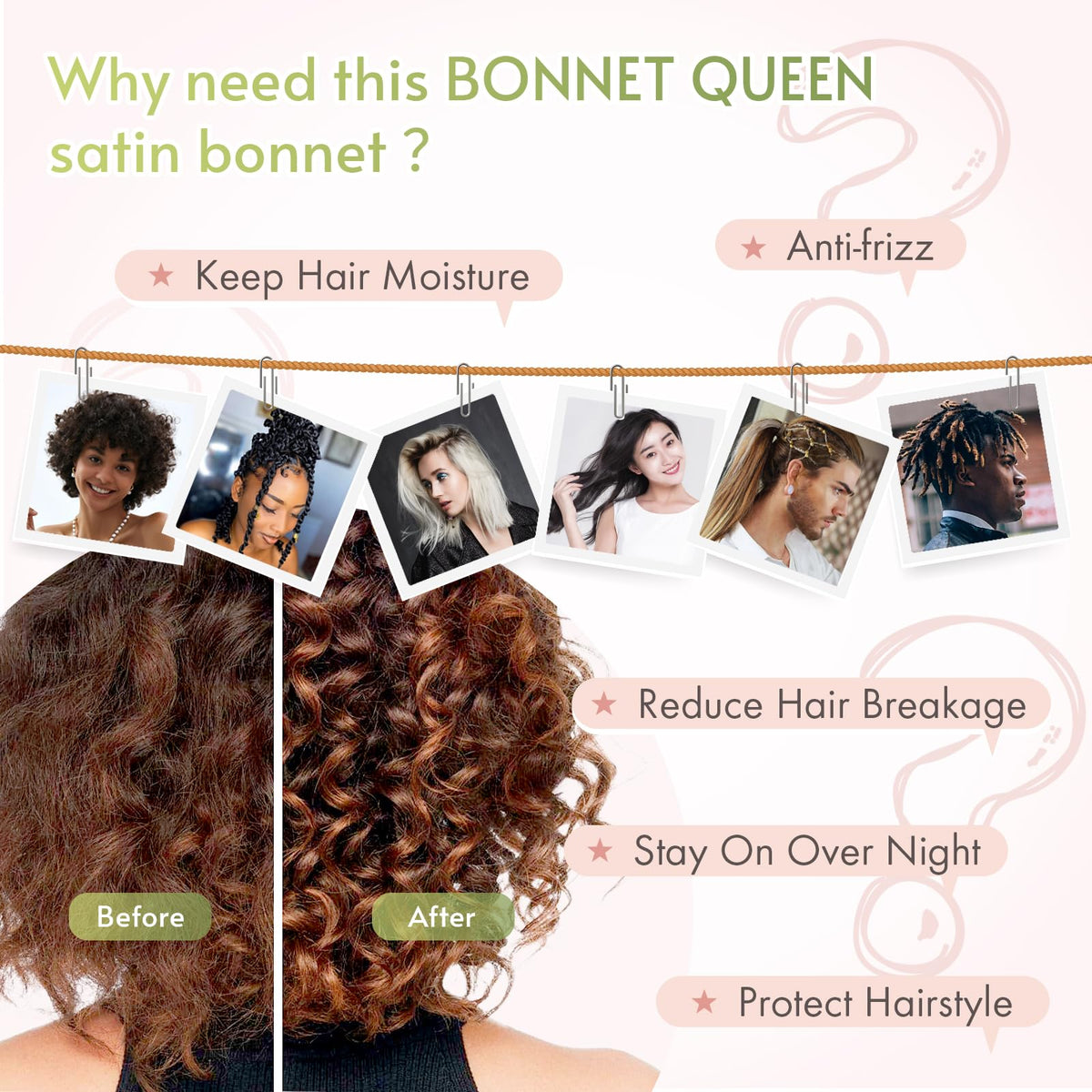 BONNET QUEEN size comparison on hand showing roomy fit for medium-length hair
