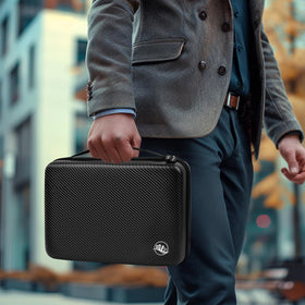 Boobowl placed on travel bag lifestyle shot showing portable grooming convenience
