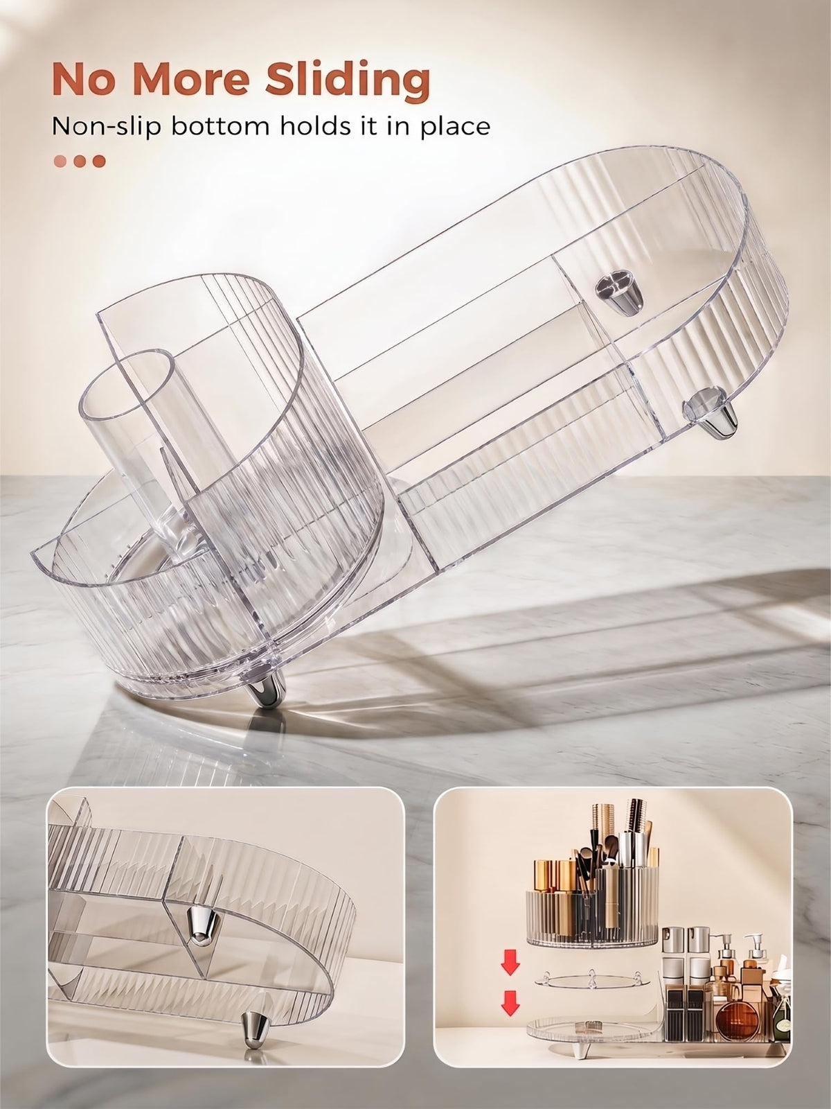 Booklov organizer with tall skincare bottles and brushes demonstrating large capacity