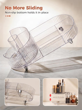 Booklov organizer with tall skincare bottles and brushes demonstrating large capacity