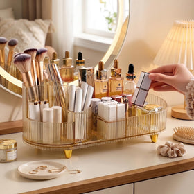 Booklov storing tall skincare bottles and saving countertop space