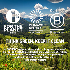 BOONBOO packaging flatlay with certification icons, verified eco-friendly product