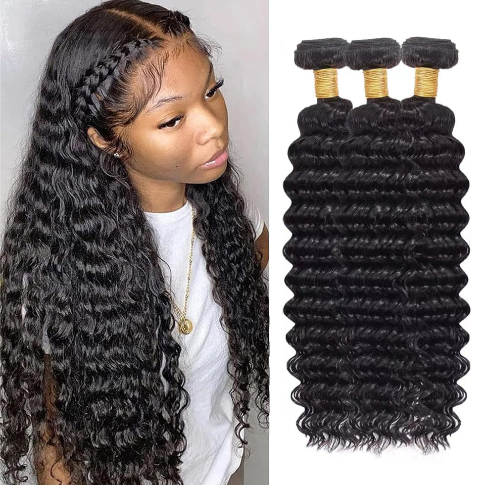 Boopwine front view of three bundled deep wave weaves showing natural shine and fullness