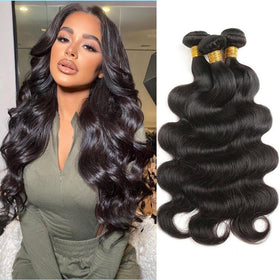 Boopwine front view of three bundled body wave extensions showing fullness and natural shine