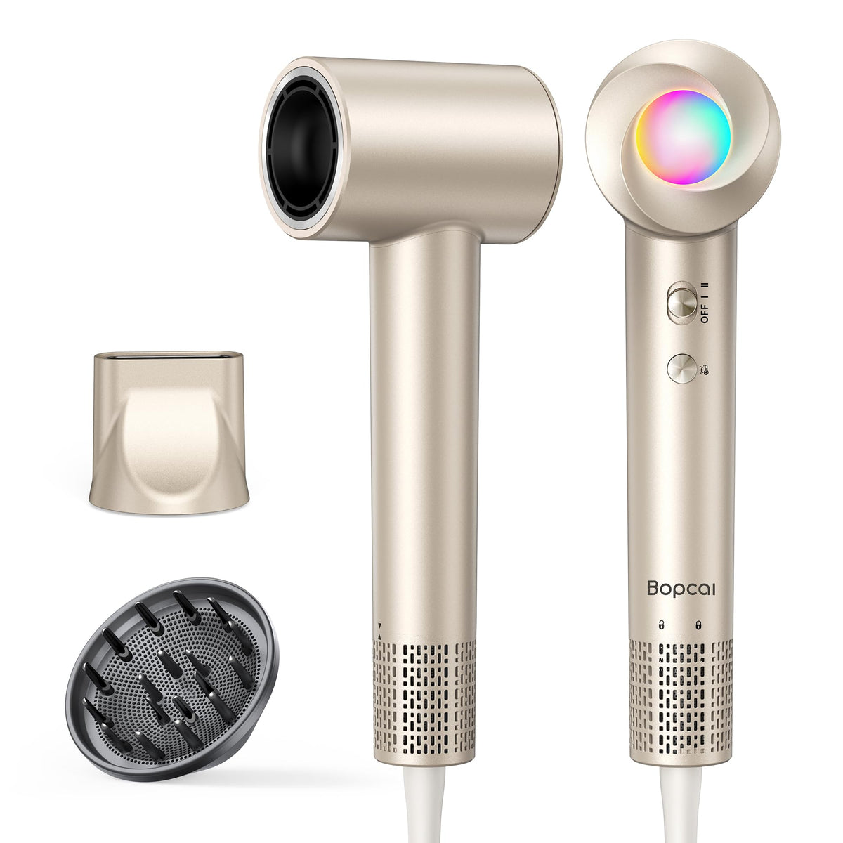 Bopcal hair dryer front view showing sleek gold finish and airflow benefit