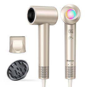 Bopcal hair dryer front view showing sleek gold finish and airflow benefit