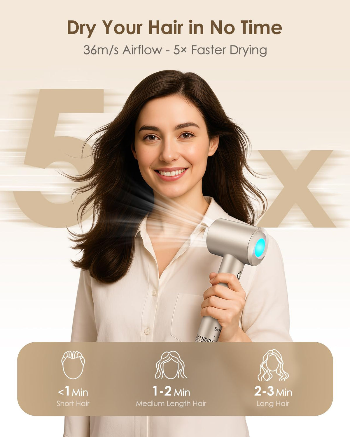 Bopcal hair dryer side profile highlighting compact ergonomic design benefit