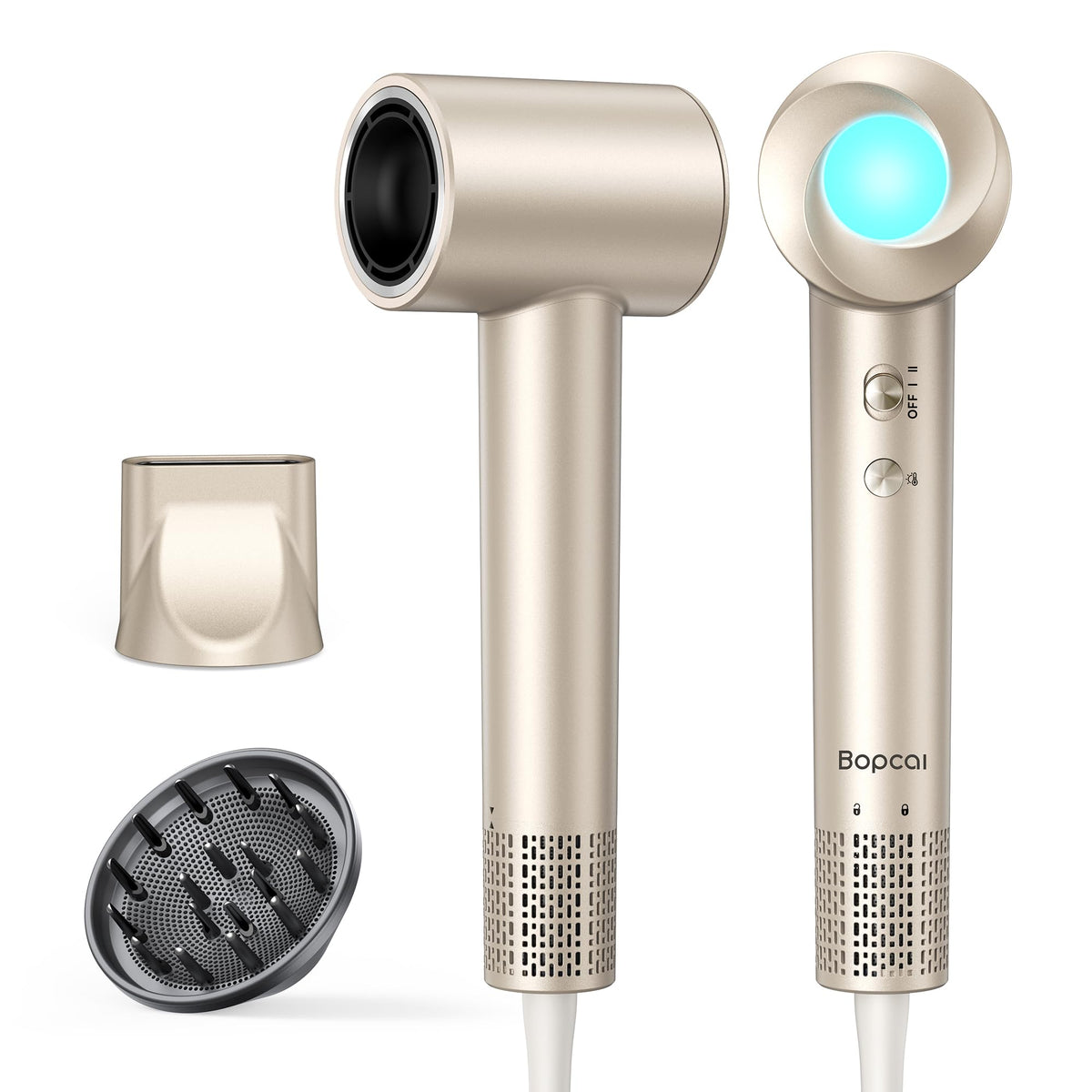 Bopcal hair dryer size comparison photo demonstrating portable weight and scale benefit
