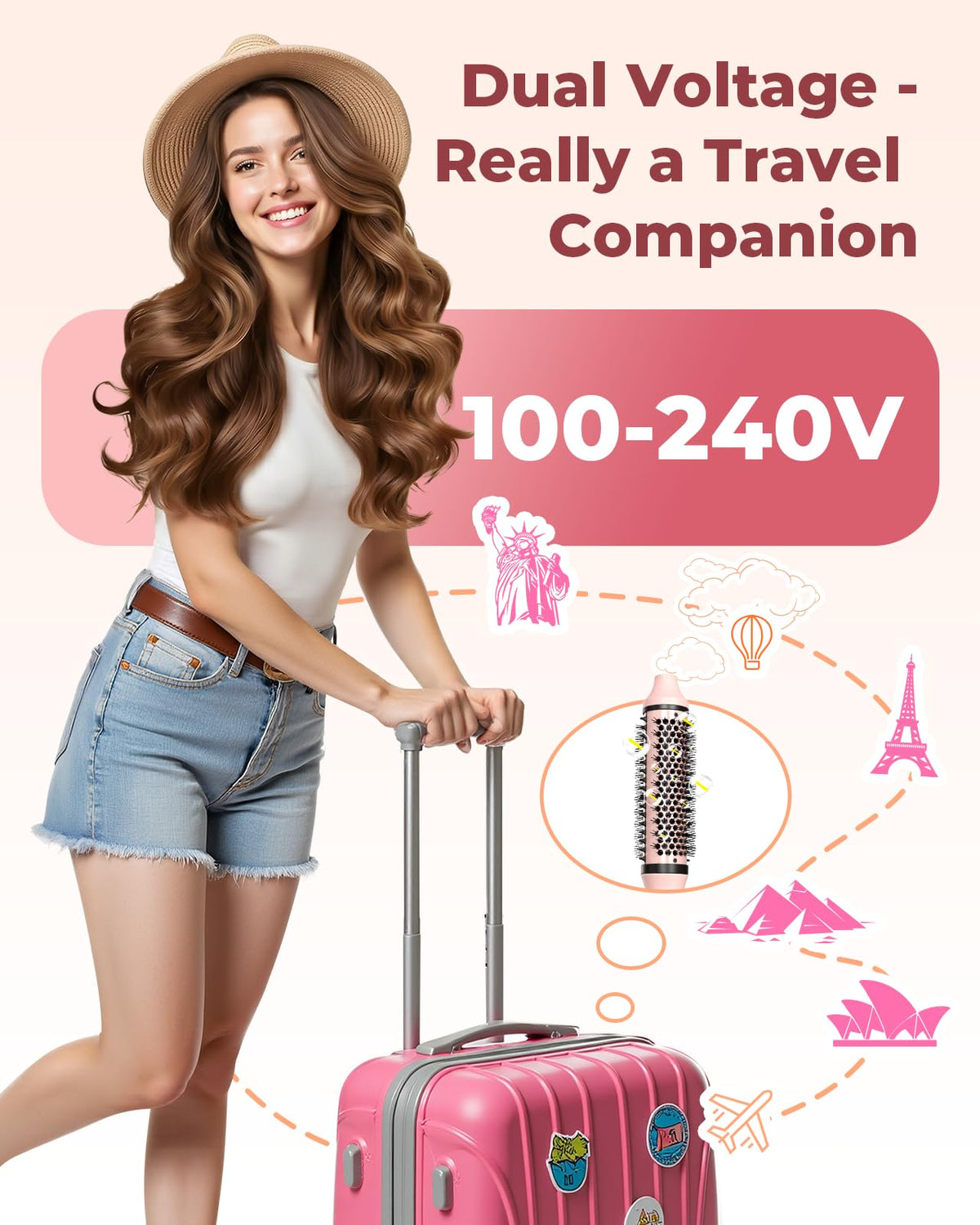 Bopcal brush inside suitcase illustrating dual voltage convenience for worldwide travel
