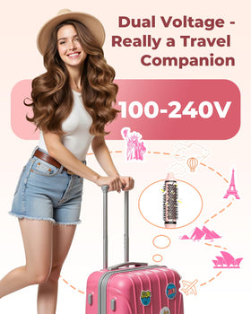Bopcal brush inside suitcase illustrating dual voltage convenience for worldwide travel