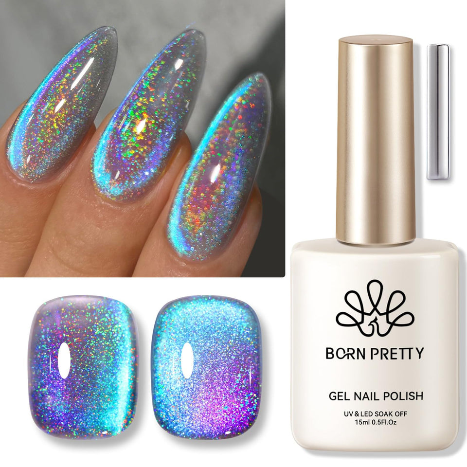 Born Pretty front bottle showing holographic blue purple shade and 15ml label benefit: clear product identity