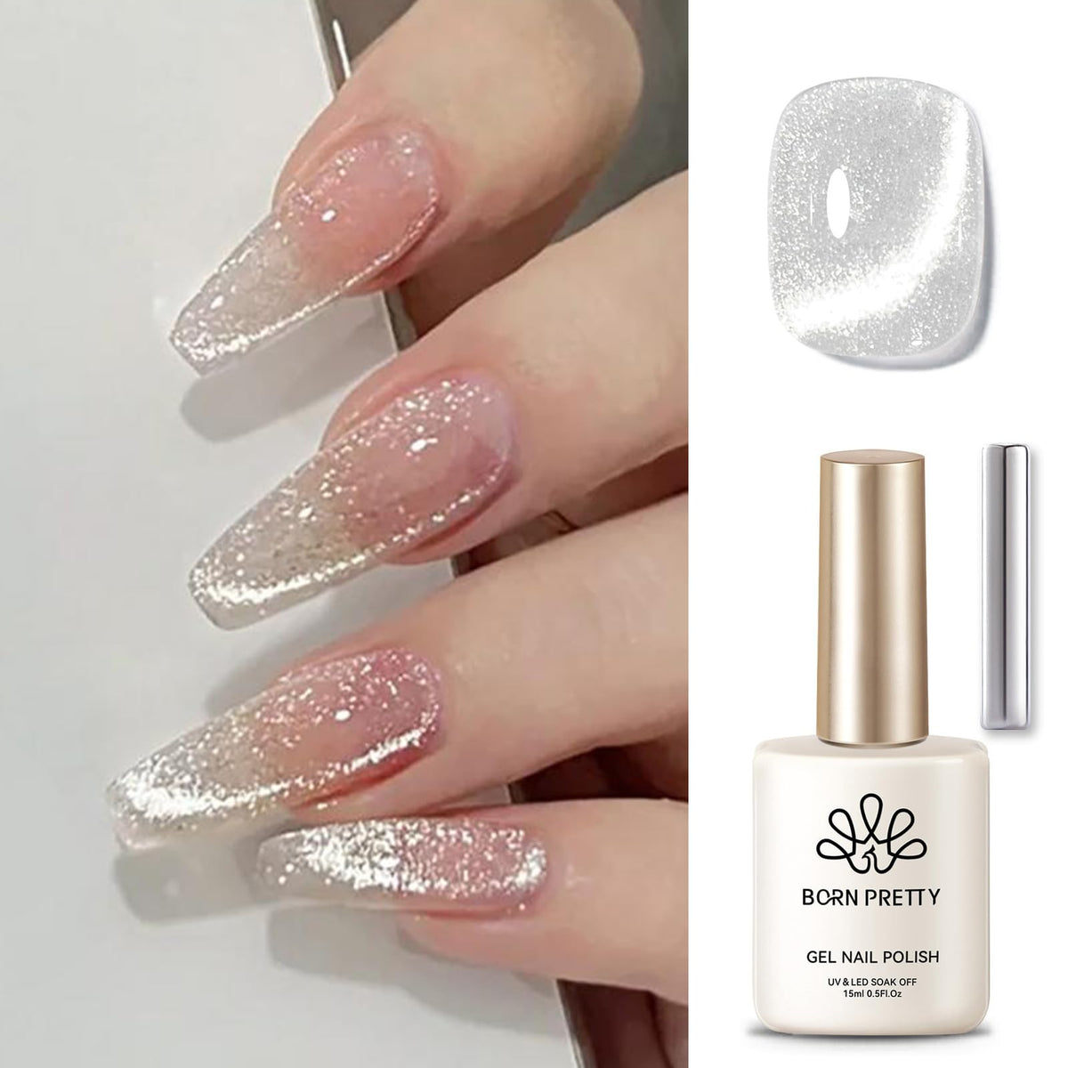 Born Pretty bottle front view showing holographic cat eye polish and vivid color benefit