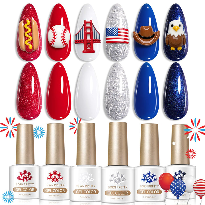 Born Pretty front packaging showing six patriotic gel bottles and kit benefits
