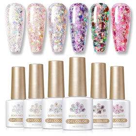 Born Pretty front packaging showing six glitter gel bottles for complete set