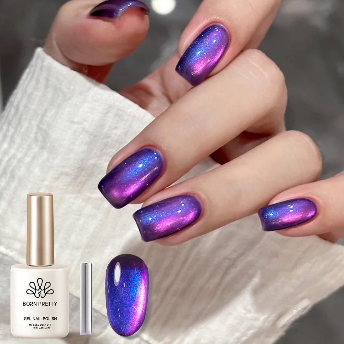 born pretty bottle front packaging showing blueberry cat-eye polish and glossy benefit