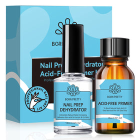 BORN PRETTY front packaging showing two-bottle nail prep set and benefits