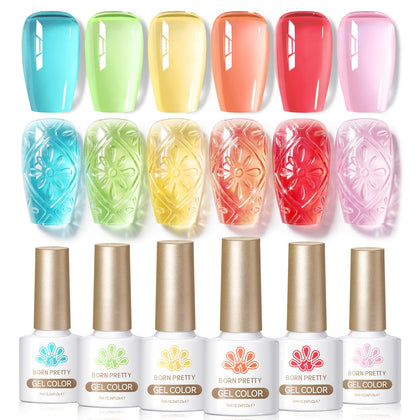 Born Pretty front packaging showing six pastel jelly gel bottles and vibrant benefit