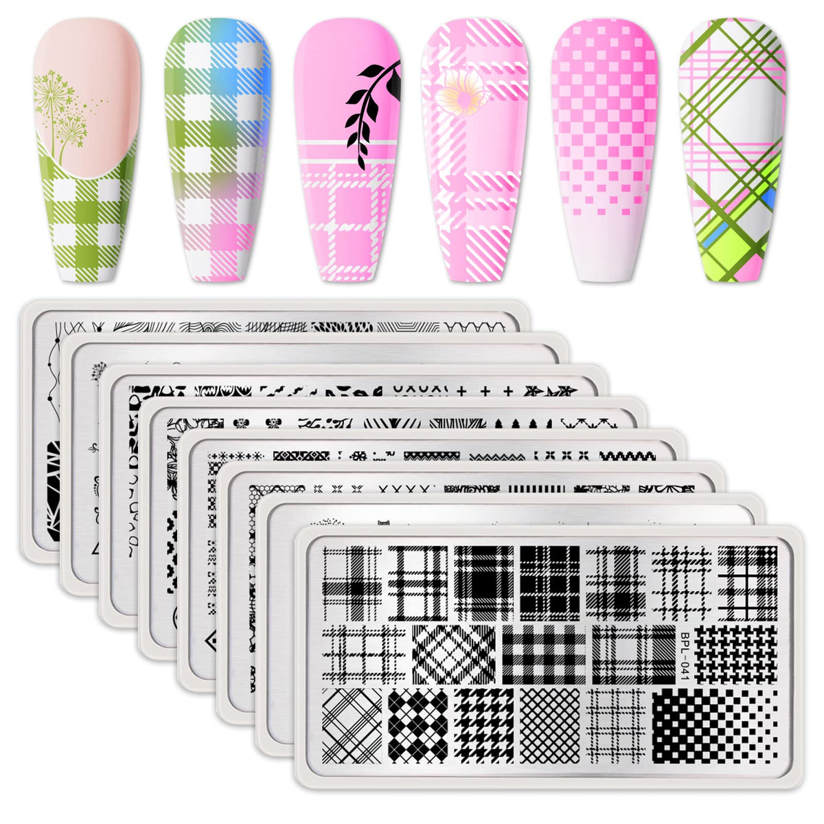 Born Pretty front packaging showing all eight stamping plates and variety
